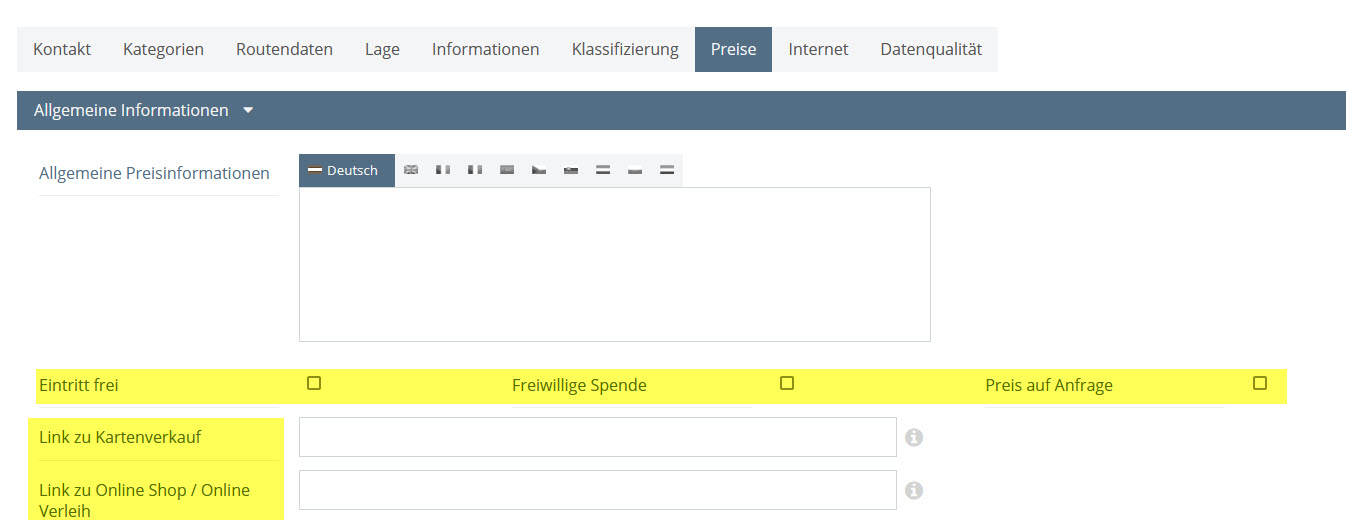 Screenshot TOURDATA Backend Preise